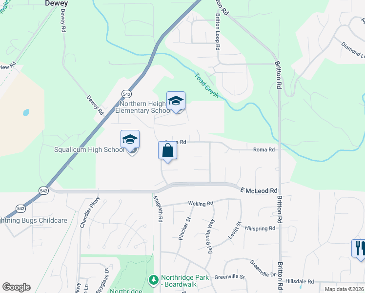 map of restaurants, bars, coffee shops, grocery stores, and more near 1332 Marie Court in Bellingham