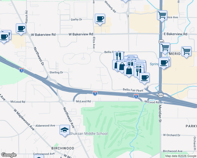 map of restaurants, bars, coffee shops, grocery stores, and more near 3801 Pana Vista Drive in Bellingham