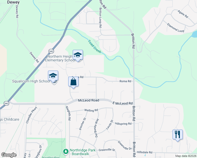 map of restaurants, bars, coffee shops, grocery stores, and more near 3978 Roma Court in Bellingham