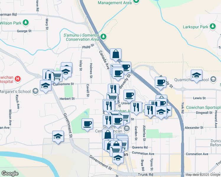 map of restaurants, bars, coffee shops, grocery stores, and more near in Duncan