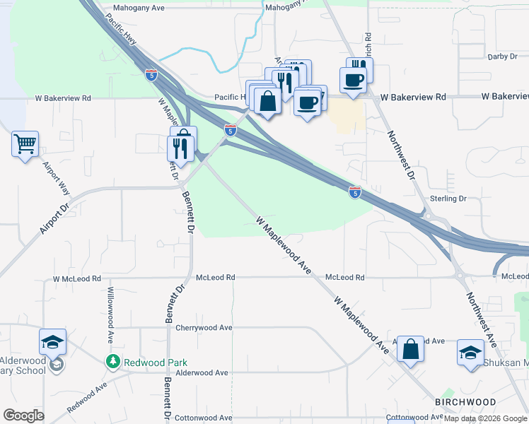 map of restaurants, bars, coffee shops, grocery stores, and more near 3206 West Maplewood Avenue in Bellingham