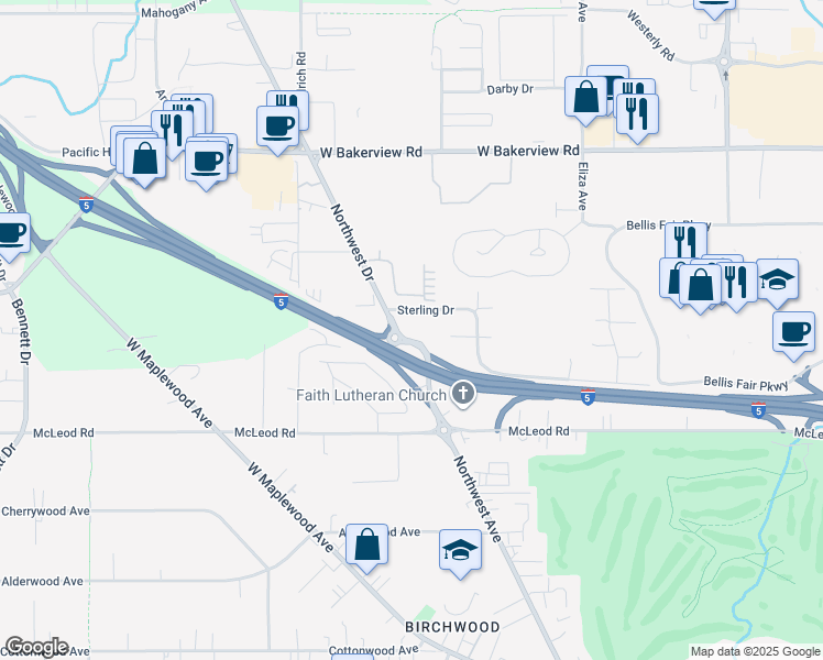 map of restaurants, bars, coffee shops, grocery stores, and more near 3870 Northwest Drive in Bellingham