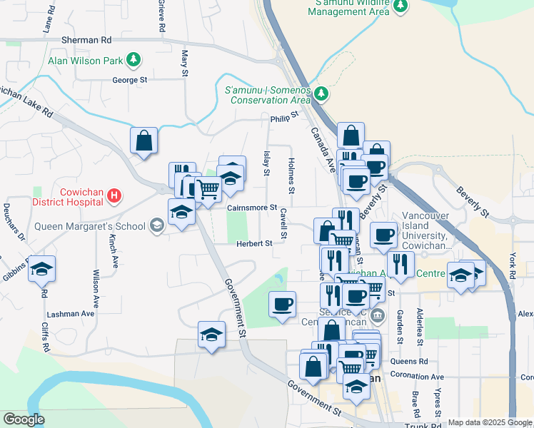 map of restaurants, bars, coffee shops, grocery stores, and more near 940 McDonald Street in Duncan