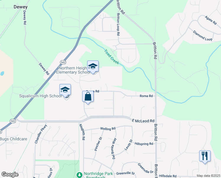 map of restaurants, bars, coffee shops, grocery stores, and more near 1356 Roma Road in Bellingham