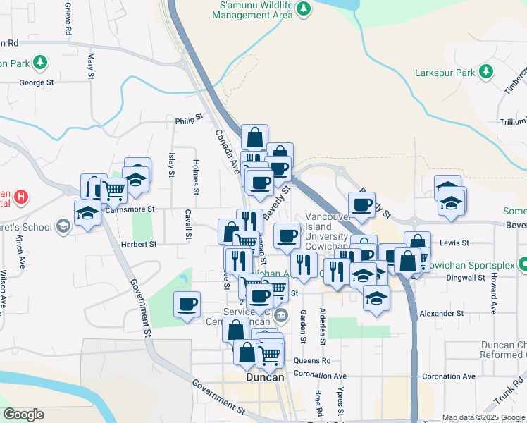 map of restaurants, bars, coffee shops, grocery stores, and more near 2775 Beverly Street in Duncan