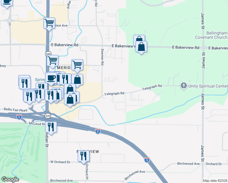 map of restaurants, bars, coffee shops, grocery stores, and more near 540 Harman Way in Bellingham