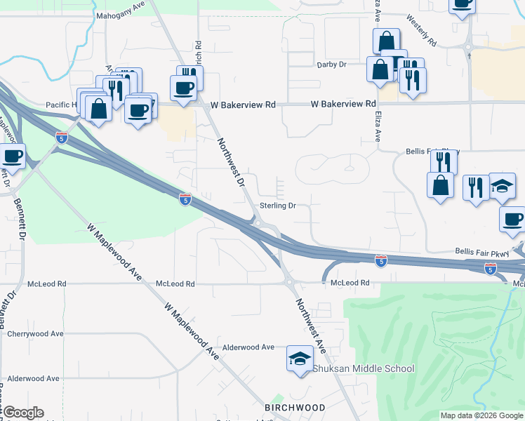 map of restaurants, bars, coffee shops, grocery stores, and more near 733 Sterling Drive in Bellingham