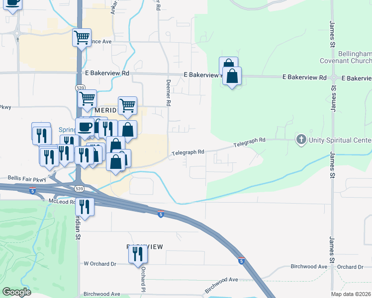 map of restaurants, bars, coffee shops, grocery stores, and more near 540 Harman Way in Bellingham