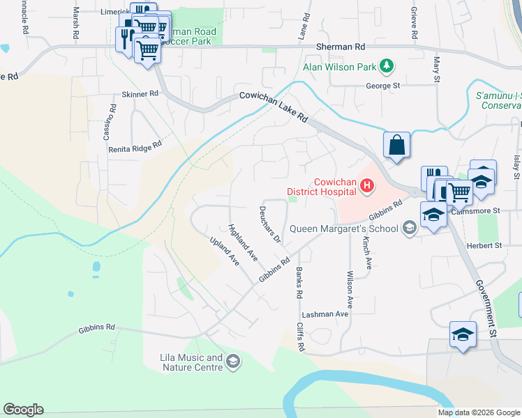 map of restaurants, bars, coffee shops, grocery stores, and more near 5943 Deuchars Drive in Duncan