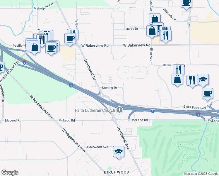 map of restaurants, bars, coffee shops, grocery stores, and more near 713 Sterling Drive in Bellingham