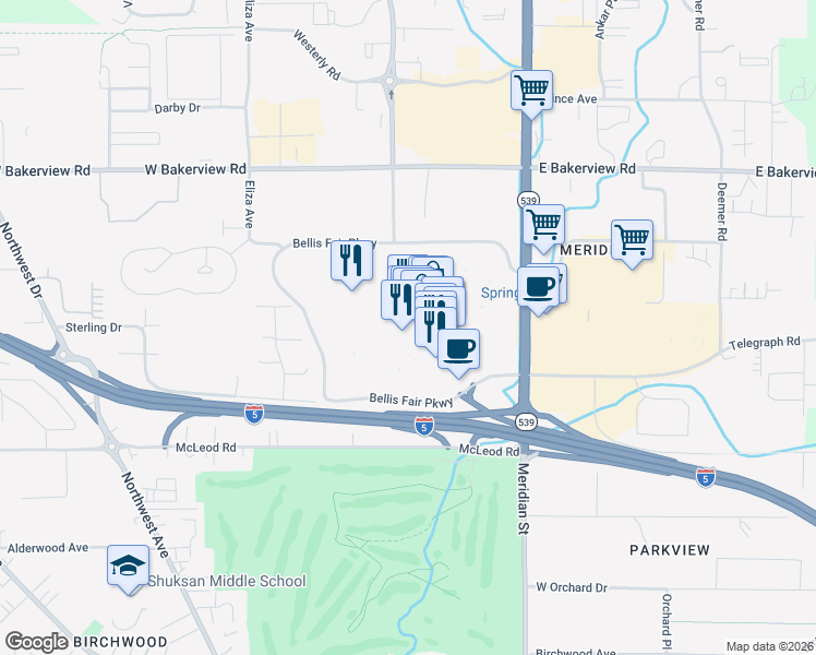 map of restaurants, bars, coffee shops, grocery stores, and more near 1 Bellis Fair Parkway in Bellingham