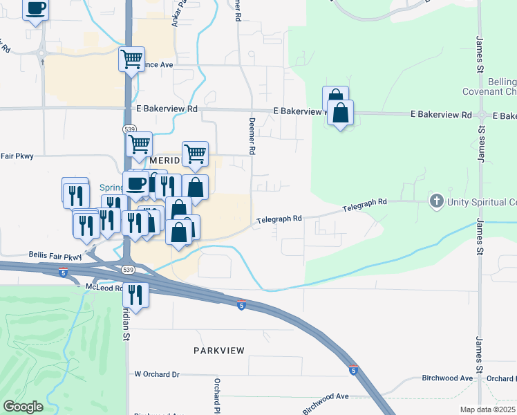 map of restaurants, bars, coffee shops, grocery stores, and more near 3940 Deemer Road in Bellingham