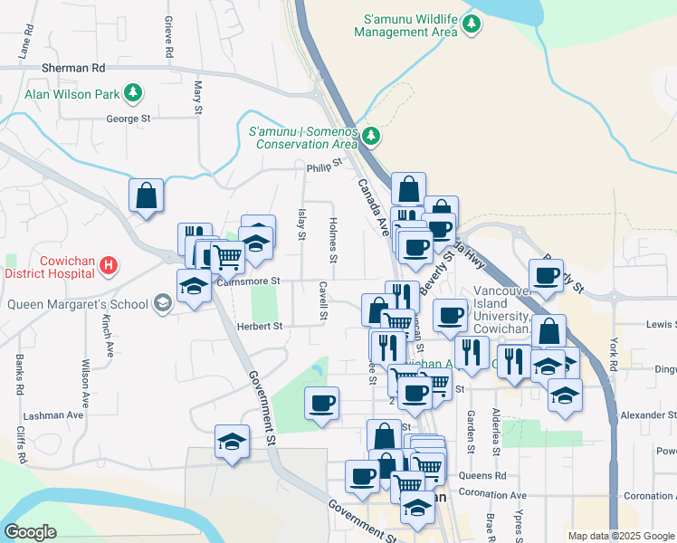 map of restaurants, bars, coffee shops, grocery stores, and more near 263 Cairnsmore Street in Duncan