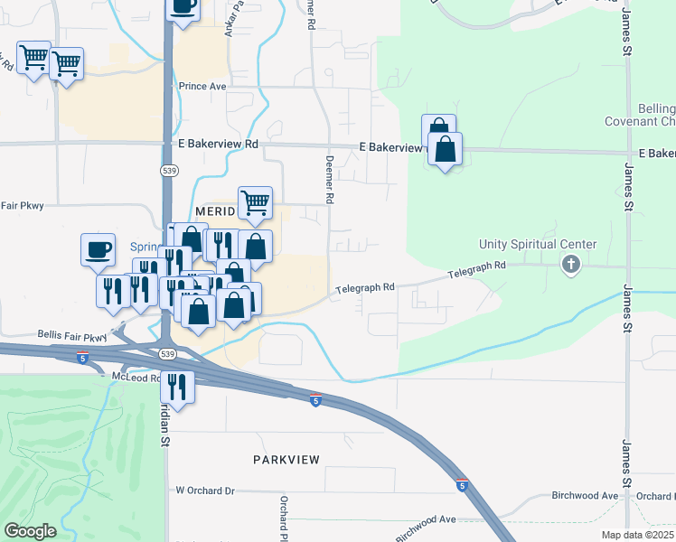 map of restaurants, bars, coffee shops, grocery stores, and more near 3940 Deemer Road in Bellingham