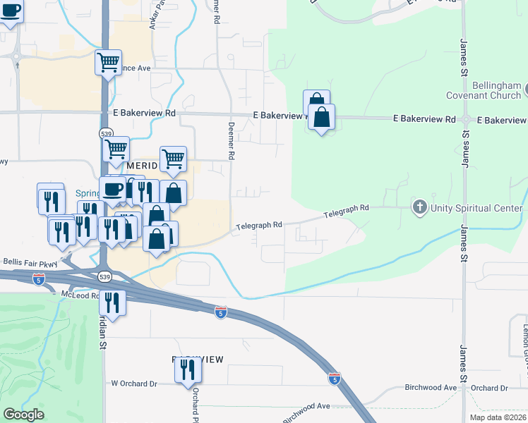 map of restaurants, bars, coffee shops, grocery stores, and more near 540 Harman Way in Bellingham