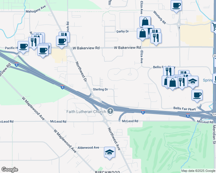 map of restaurants, bars, coffee shops, grocery stores, and more near 676 Sterling Dr in Bellingham