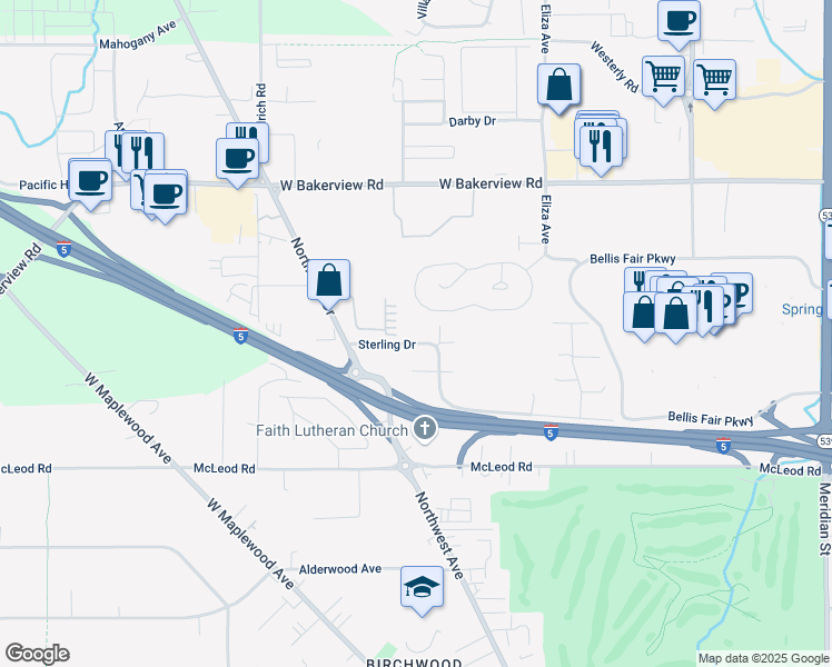 map of restaurants, bars, coffee shops, grocery stores, and more near 676 Sterling Drive in Bellingham