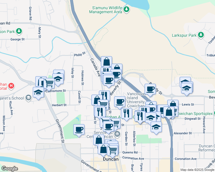 map of restaurants, bars, coffee shops, grocery stores, and more near 2775 Beverly Street in Duncan