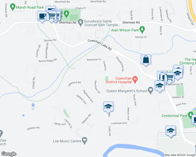 map of restaurants, bars, coffee shops, grocery stores, and more near 5933 Deuchars Drive in Duncan