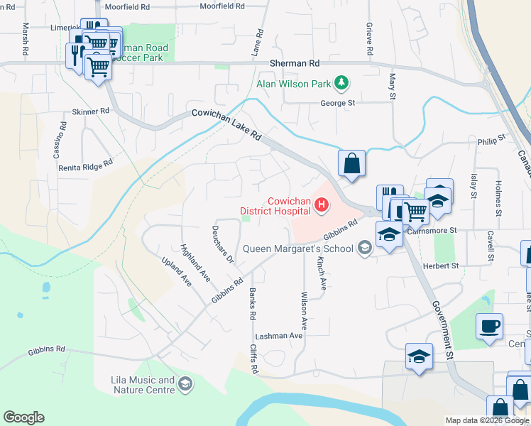 map of restaurants, bars, coffee shops, grocery stores, and more near 5909 Stonehaven Drive in Duncan
