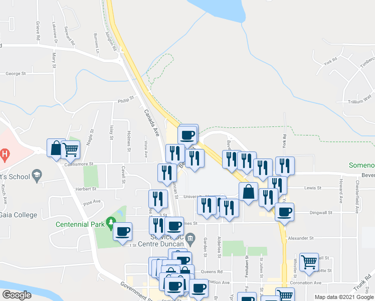 map of restaurants, bars, coffee shops, grocery stores, and more near 2755 Beverly Street in Duncan