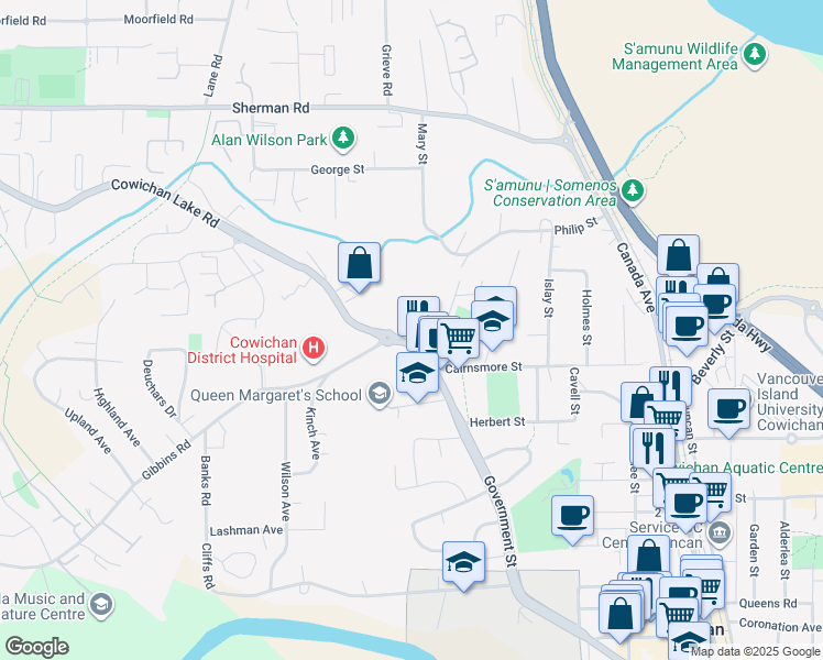 map of restaurants, bars, coffee shops, grocery stores, and more near 1030 Government Street in Duncan