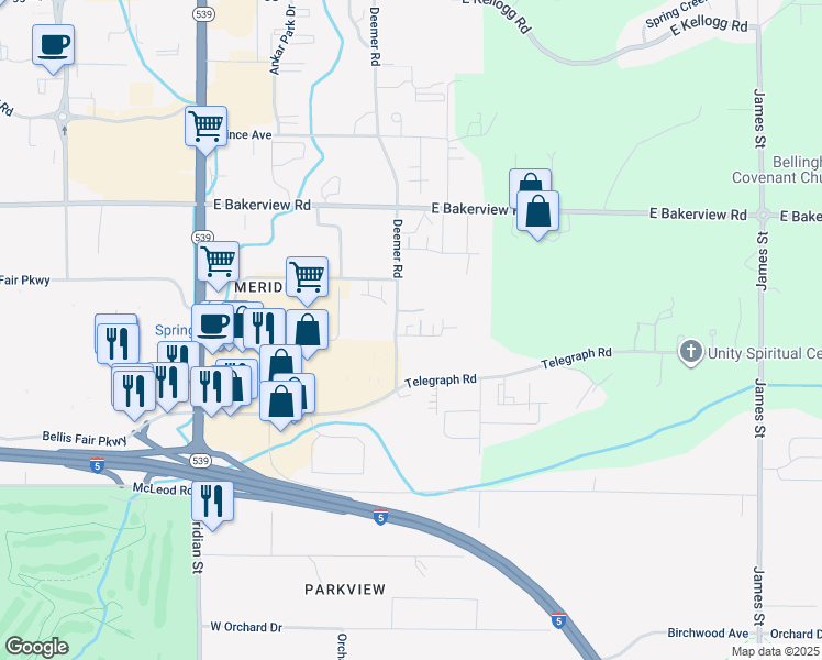 map of restaurants, bars, coffee shops, grocery stores, and more near 3940 Deemer Road in Bellingham