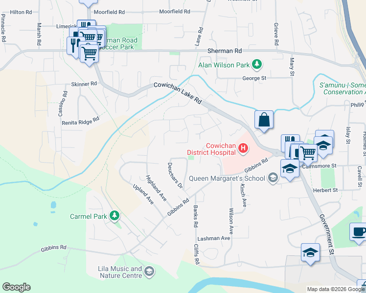 map of restaurants, bars, coffee shops, grocery stores, and more near 5923 Tower Place in Duncan