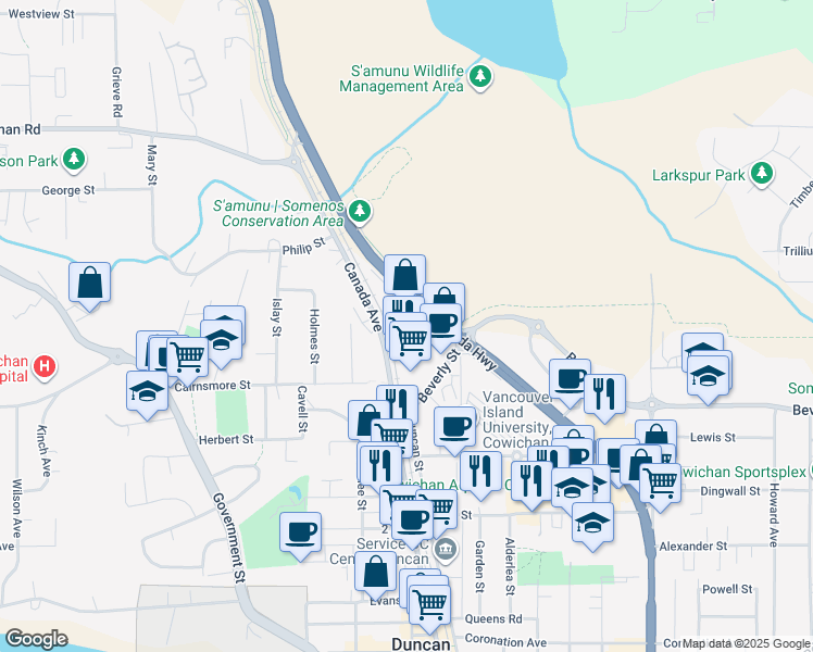 map of restaurants, bars, coffee shops, grocery stores, and more near 2755 Beverly Street in Duncan