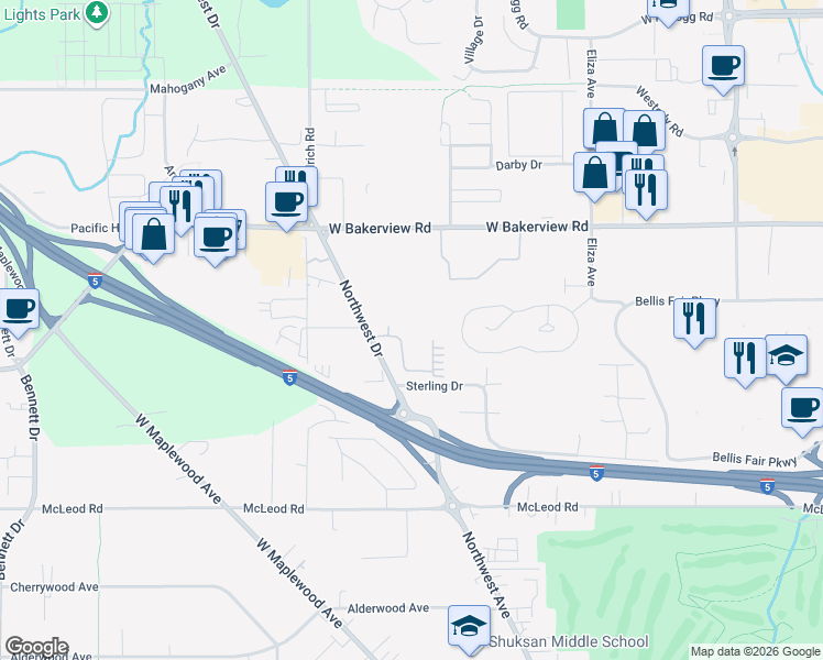 map of restaurants, bars, coffee shops, grocery stores, and more near 4006 Northwest Drive in Bellingham