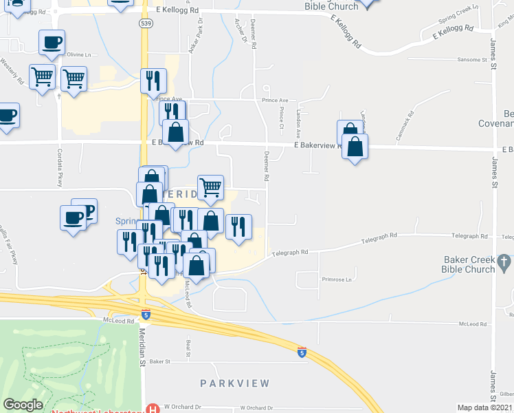 map of restaurants, bars, coffee shops, grocery stores, and more near 350 East Bellis Fair Parkway in Bellingham