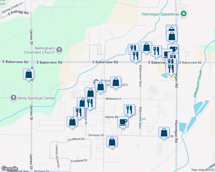 map of restaurants, bars, coffee shops, grocery stores, and more near 4040 Iron Gate Road in Bellingham