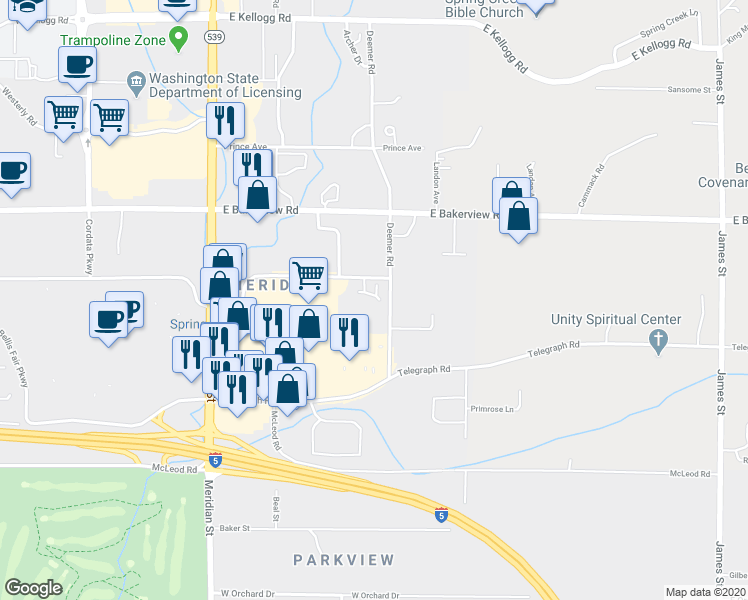 map of restaurants, bars, coffee shops, grocery stores, and more near 350 East Bellis Fair Parkway in Bellingham