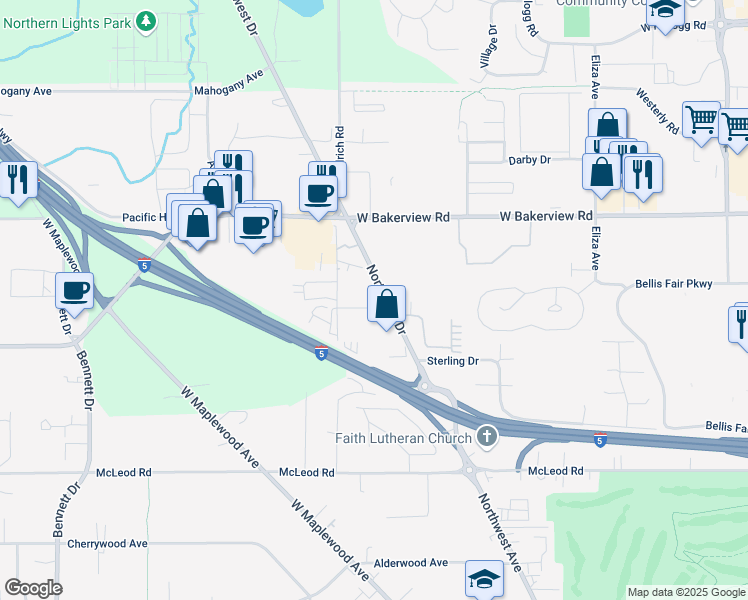map of restaurants, bars, coffee shops, grocery stores, and more near 4015 Northwest Drive in Bellingham