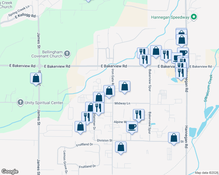map of restaurants, bars, coffee shops, grocery stores, and more near 4101 Iron Gate Road in Bellingham