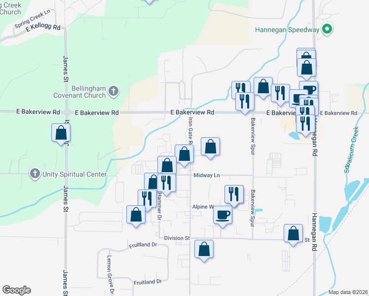 map of restaurants, bars, coffee shops, grocery stores, and more near 4101 Iron Gate Road in Bellingham