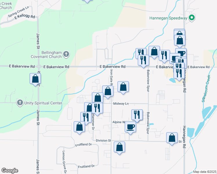 map of restaurants, bars, coffee shops, grocery stores, and more near 4101 Iron Gate Road in Bellingham