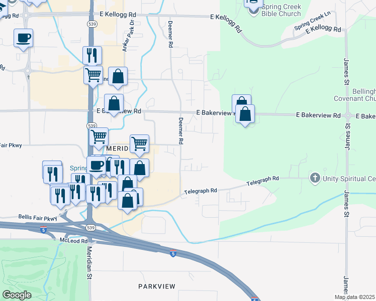 map of restaurants, bars, coffee shops, grocery stores, and more near 4056 Deemer Road in Bellingham