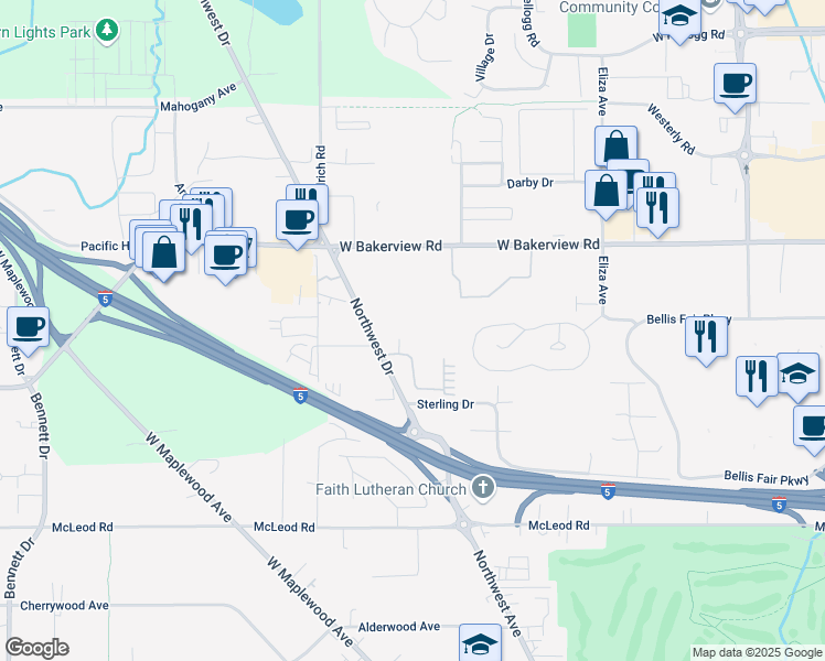 map of restaurants, bars, coffee shops, grocery stores, and more near 4002 Northwest Drive in Bellingham