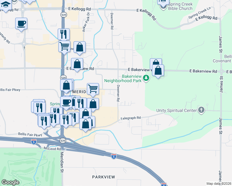map of restaurants, bars, coffee shops, grocery stores, and more near 4056 Deemer Road in Bellingham