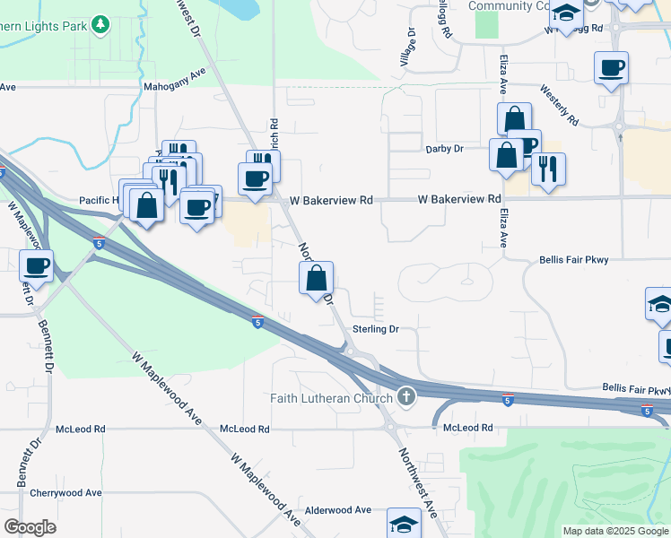 map of restaurants, bars, coffee shops, grocery stores, and more near 4002 Northwest Drive in Bellingham