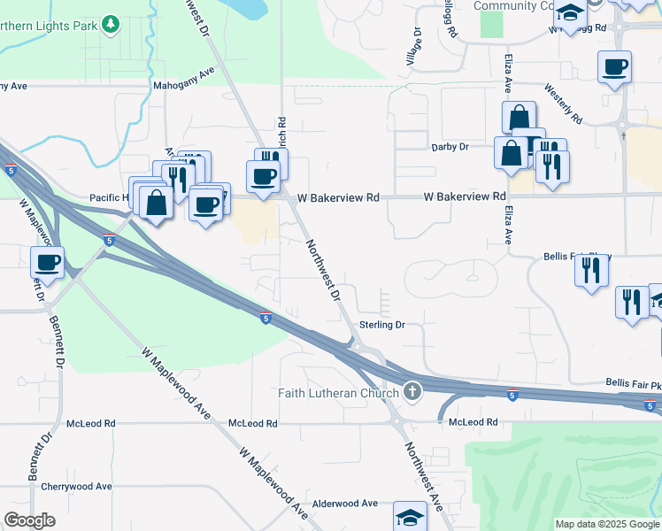 map of restaurants, bars, coffee shops, grocery stores, and more near 4002 Northwest Drive in Bellingham