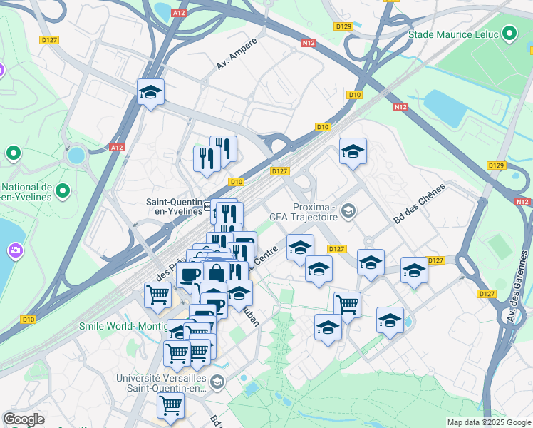 map of restaurants, bars, coffee shops, grocery stores, and more near 2 Rue George Stephenson in Montigny-le-Bretonneux