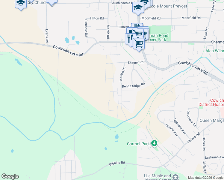 map of restaurants, bars, coffee shops, grocery stores, and more near 322 Edgewood Crescent in Duncan