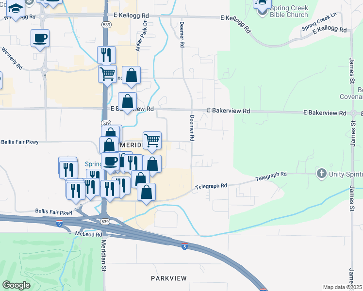 map of restaurants, bars, coffee shops, grocery stores, and more near 350 East Bellis Fair Parkway in Bellingham