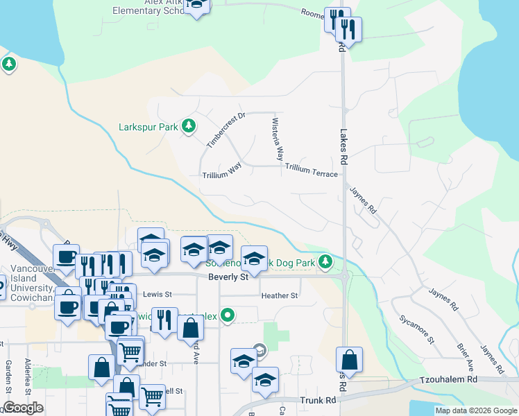 map of restaurants, bars, coffee shops, grocery stores, and more near 2444 Seine Road in Duncan