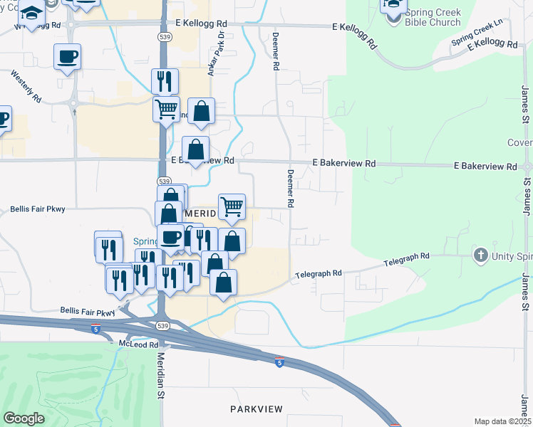 map of restaurants, bars, coffee shops, grocery stores, and more near 350 East Bellis Fair Parkway in Bellingham