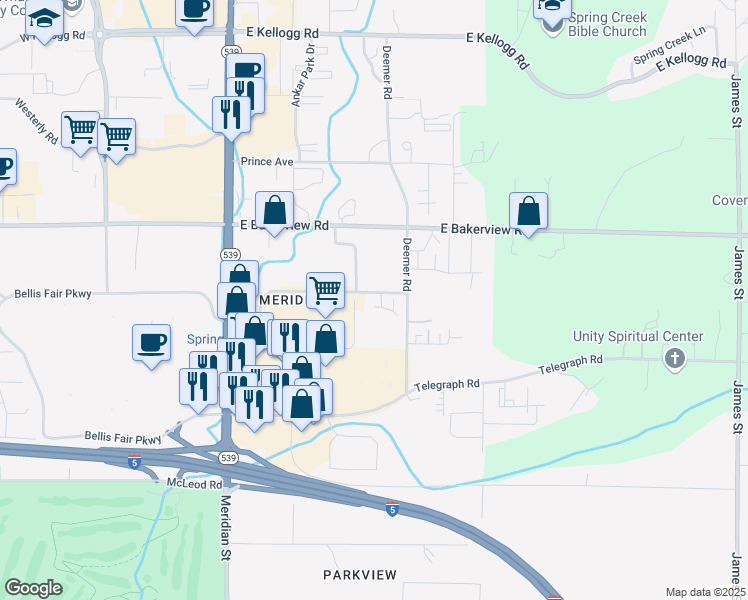 map of restaurants, bars, coffee shops, grocery stores, and more near 350 East Bellis Fair Parkway in Bellingham