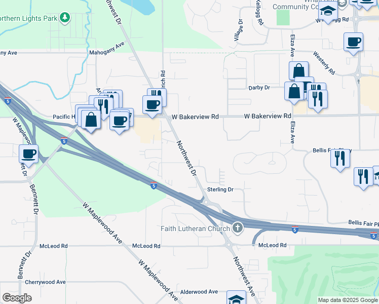 map of restaurants, bars, coffee shops, grocery stores, and more near 4002 Northwest Drive in Bellingham