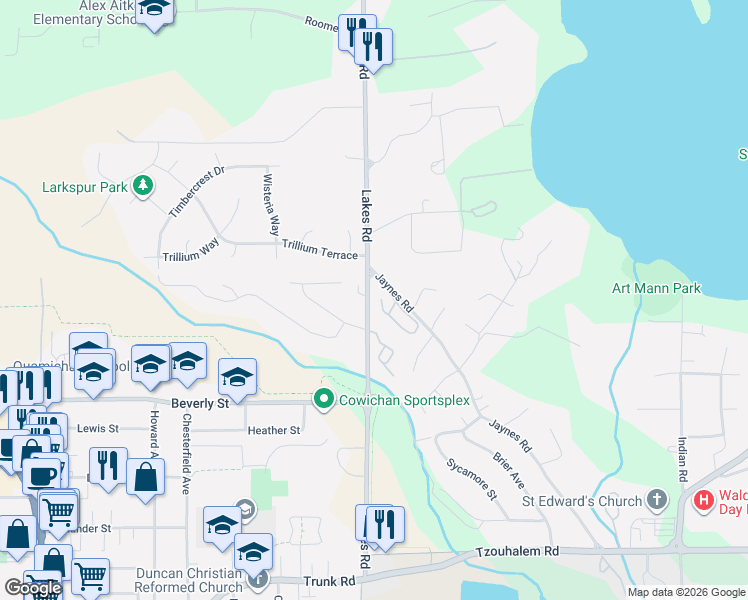map of restaurants, bars, coffee shops, grocery stores, and more near 5980 Jaynes Road in Duncan